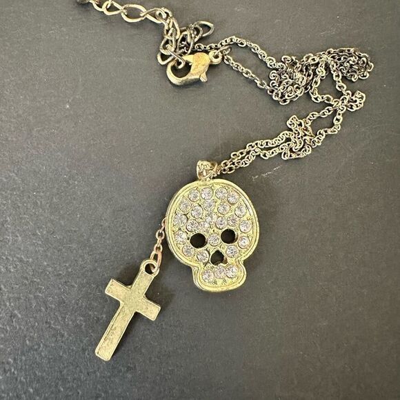 Forever 21 Rhinestone Embellished Skull Drop Cross Pendant Necklace Goldtone 16" - Picture 1 of 5